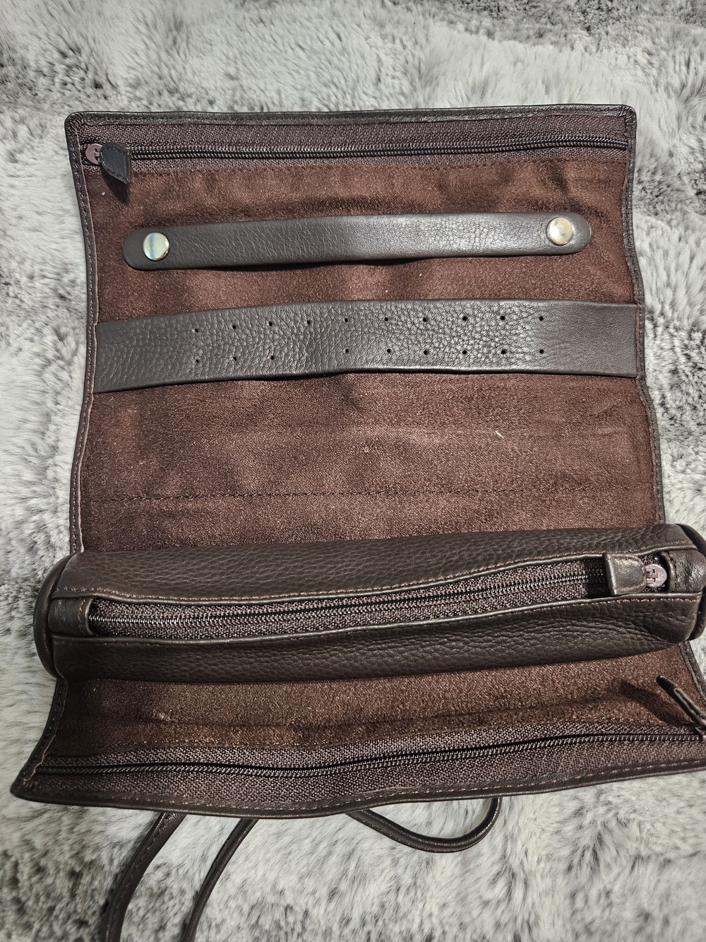 Brown Leather Travel Jewelry  Roll Organizer